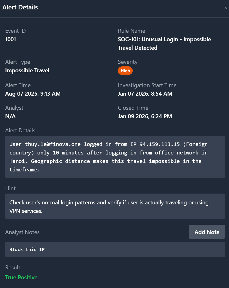 Impossible travel alert screenshot